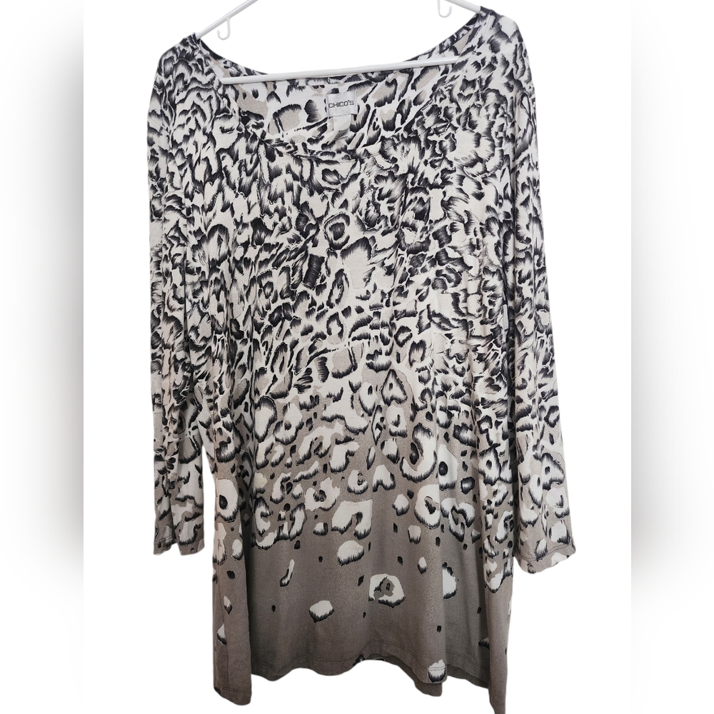 Chicos Black Gray Multi Ombre Leopard Animal Print Blouse 3/4 Sleeve SZ Large